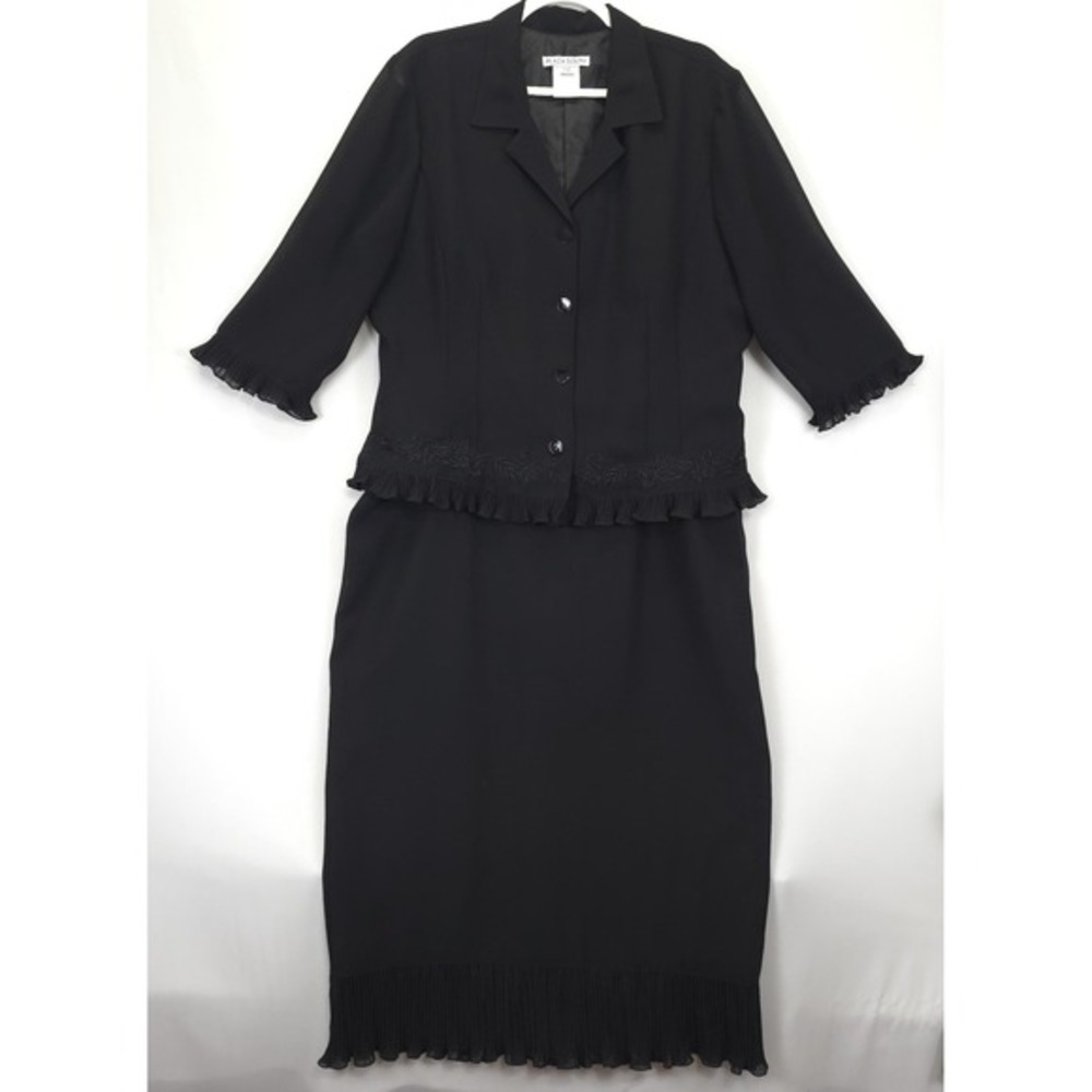 Plaza South Black Skirt Suit Women 18 Embroidered Pleated Ruffle Church Feminine